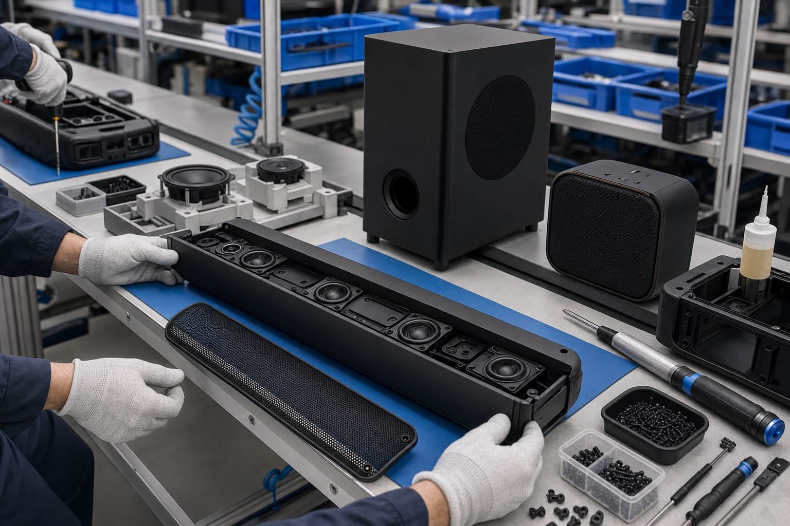 Audio product cabinet and speaker assembly line
