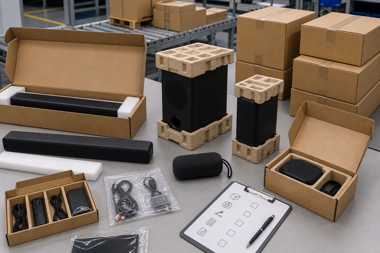 Audio product packaging station with cartons, inserts, accessories, and checklist