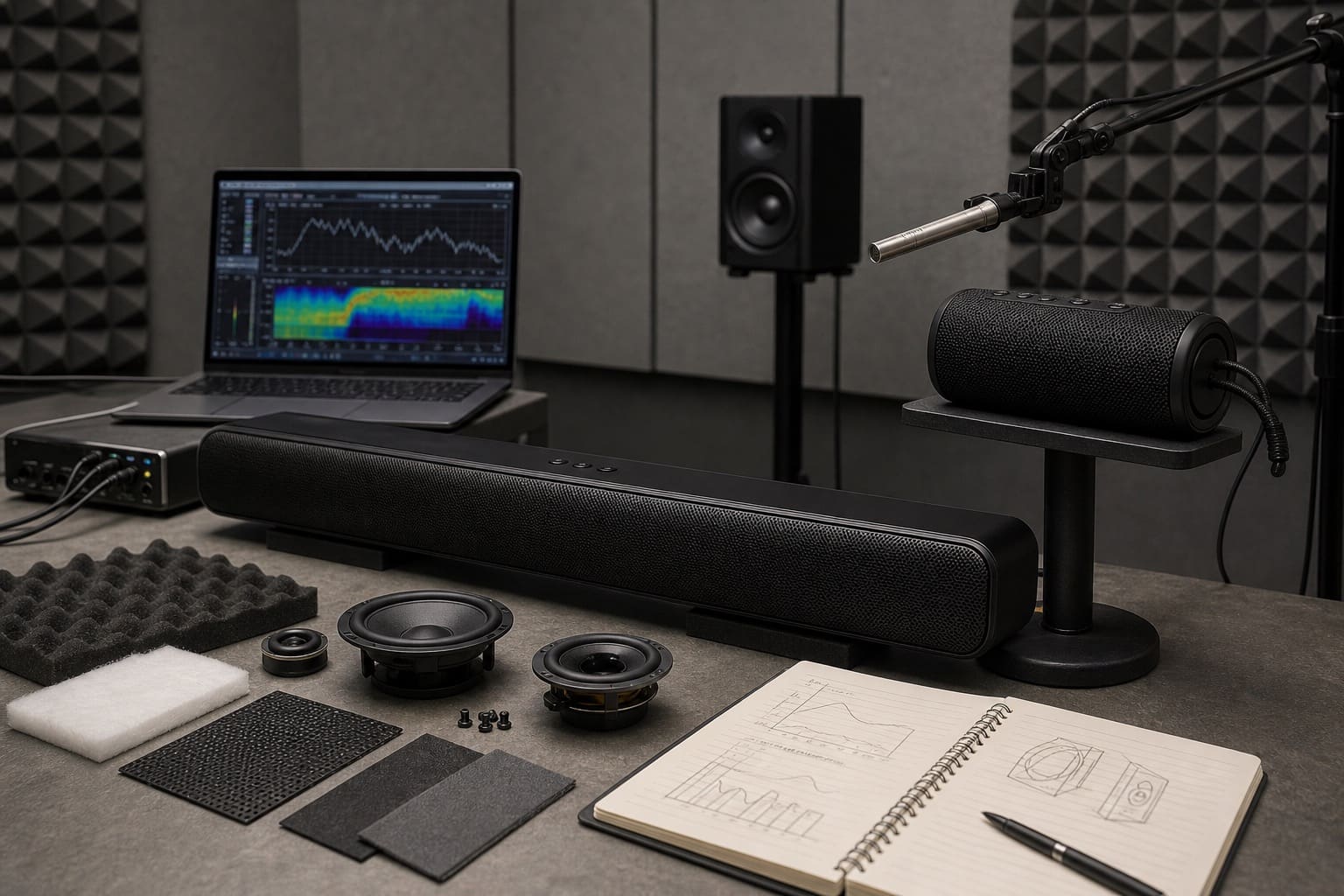 Acoustic validation room with soundbar and measurement microphone