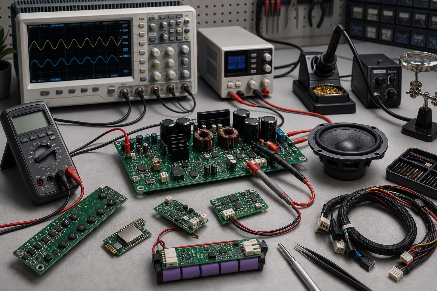 Audio electronics engineering bench with PCBs and test equipment