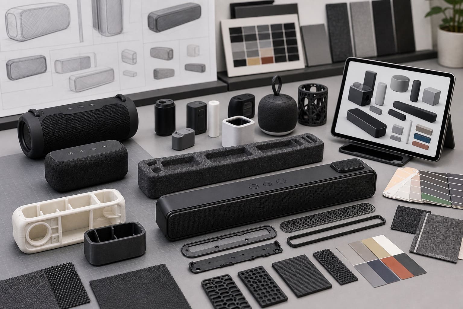 Industrial design workspace with audio product concepts and material samples