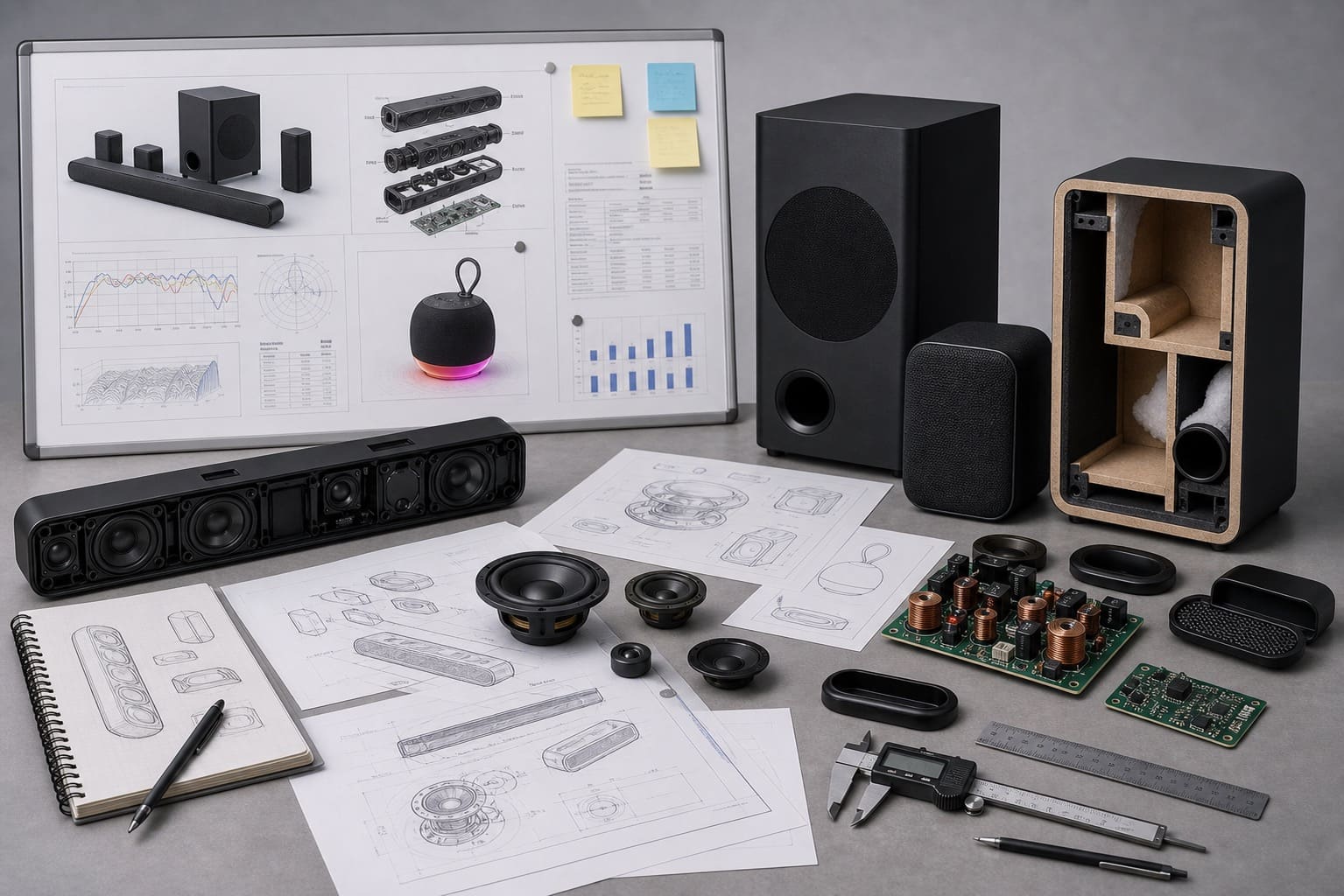 Audio product engineering board with speaker modules, drawings, and component notes