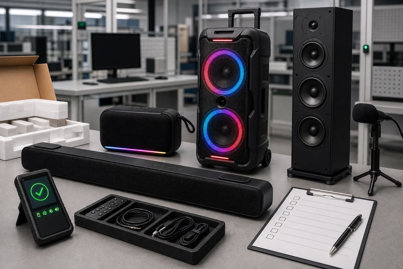 Final release inspection table with audio products and accessories