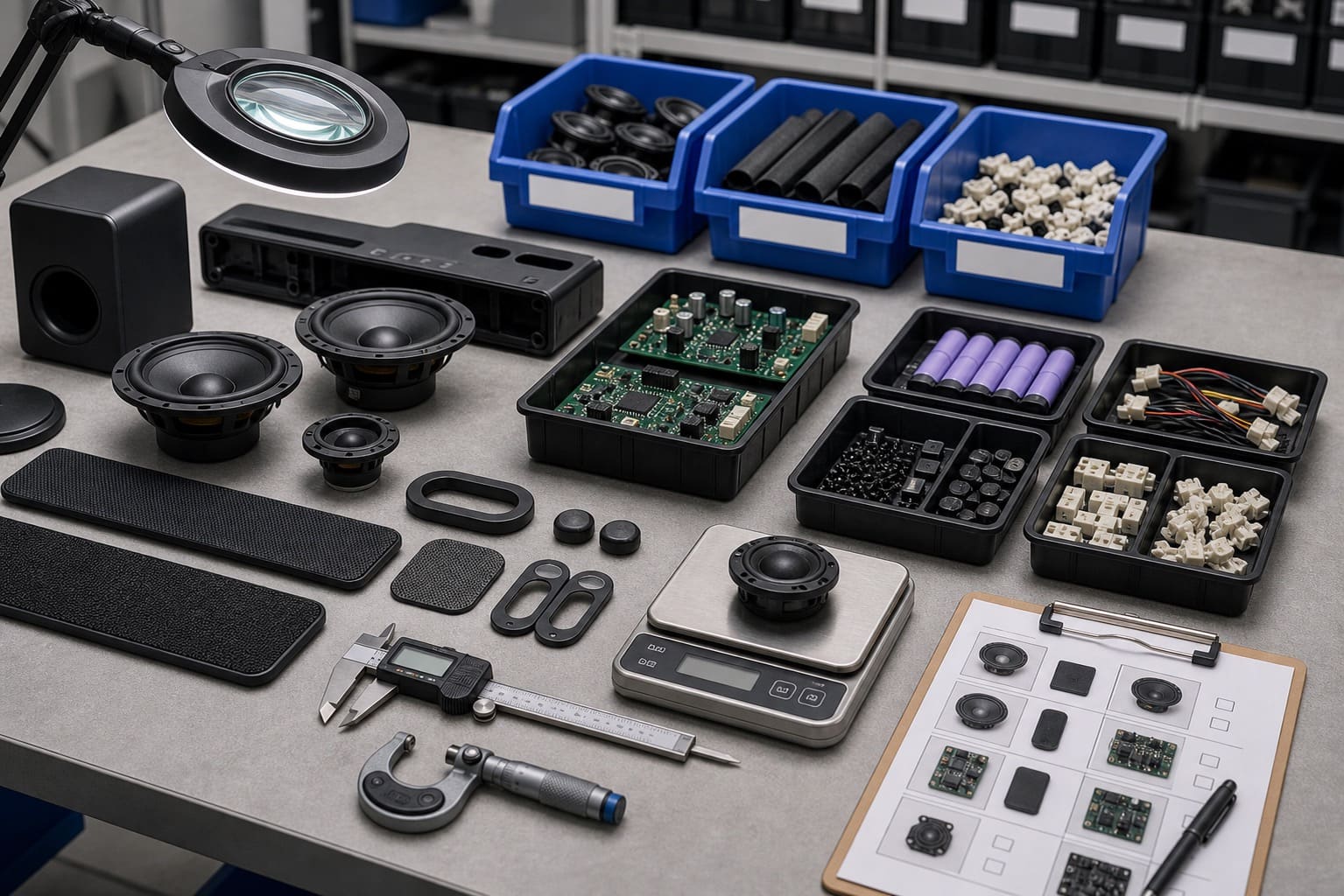 Incoming quality inspection table with audio components and measuring tools