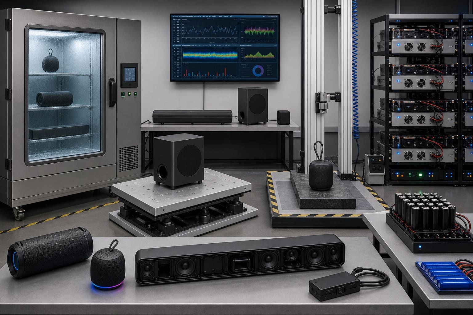 Reliability testing lab for audio products with environmental chamber and test equipment
