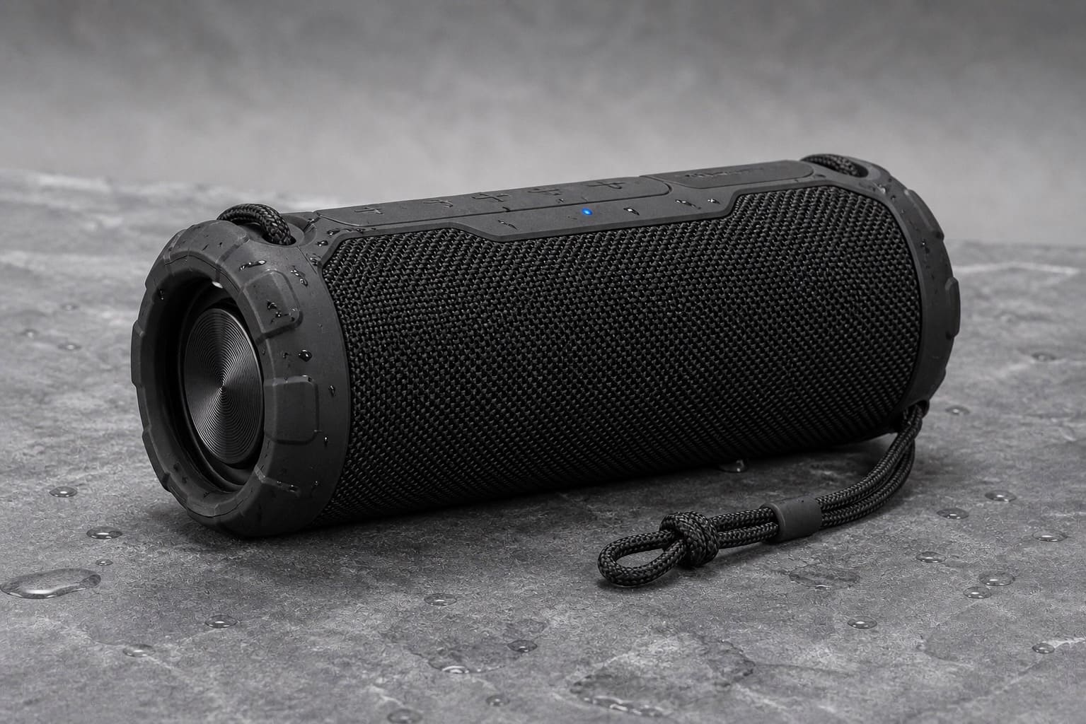 Unbranded rugged cylindrical Bluetooth speaker with water-resistant details