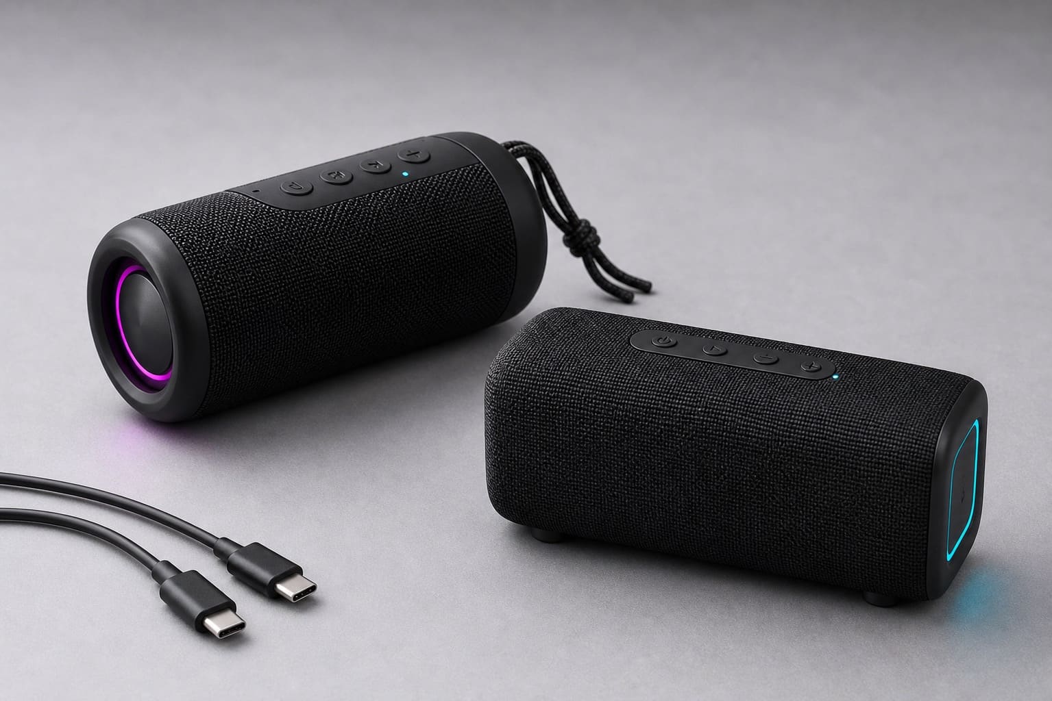Unbranded paired Bluetooth speakers with USB-C charging cable