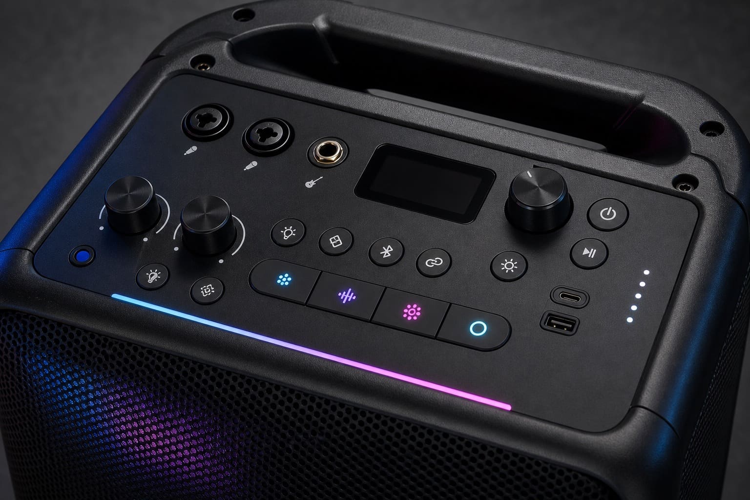 Unbranded party speaker control panel with microphone and guitar inputs