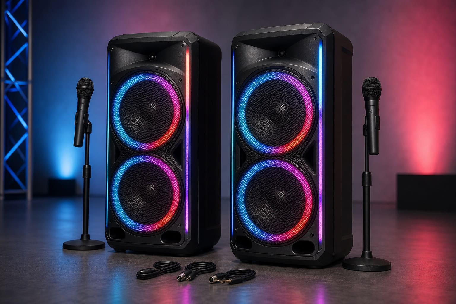 Unbranded party speaker pair with microphones and LED lighting