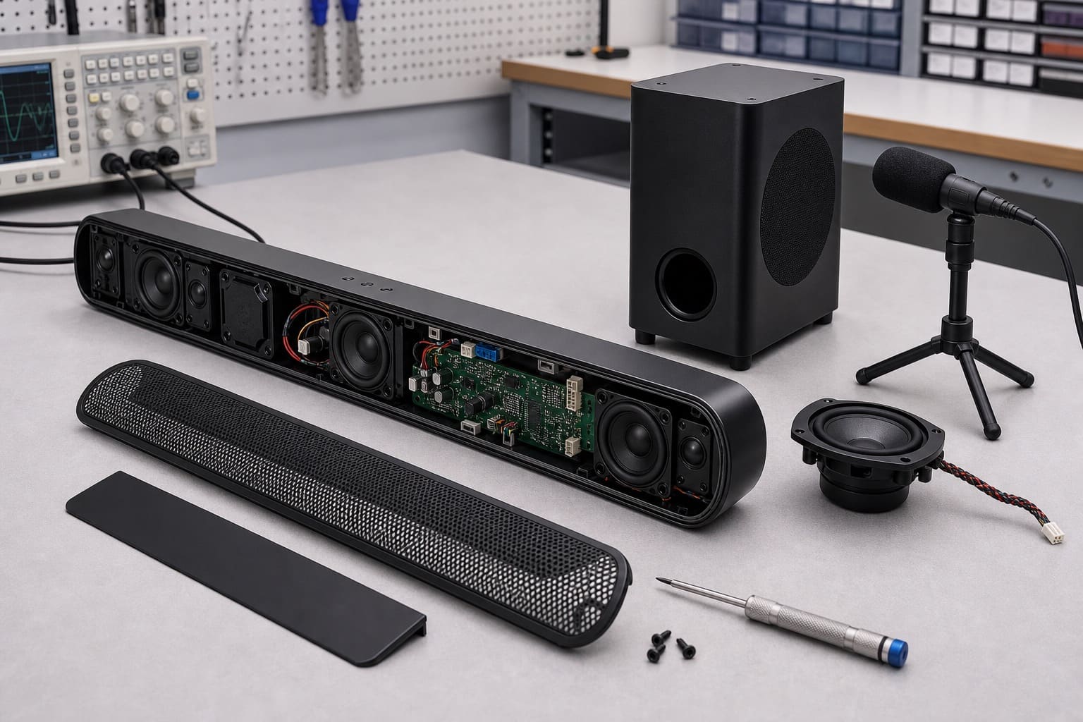 Unbranded soundbar engineering bench with drivers and electronics