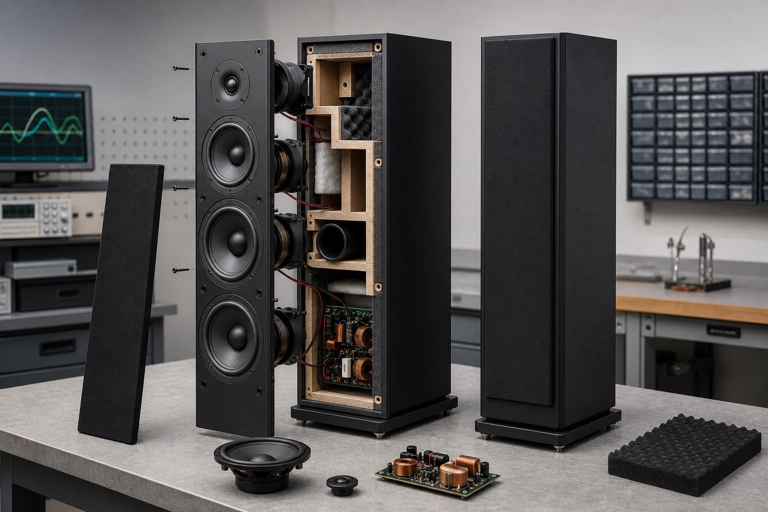 Unbranded tower speaker cabinet cutaway with bracing and crossover components