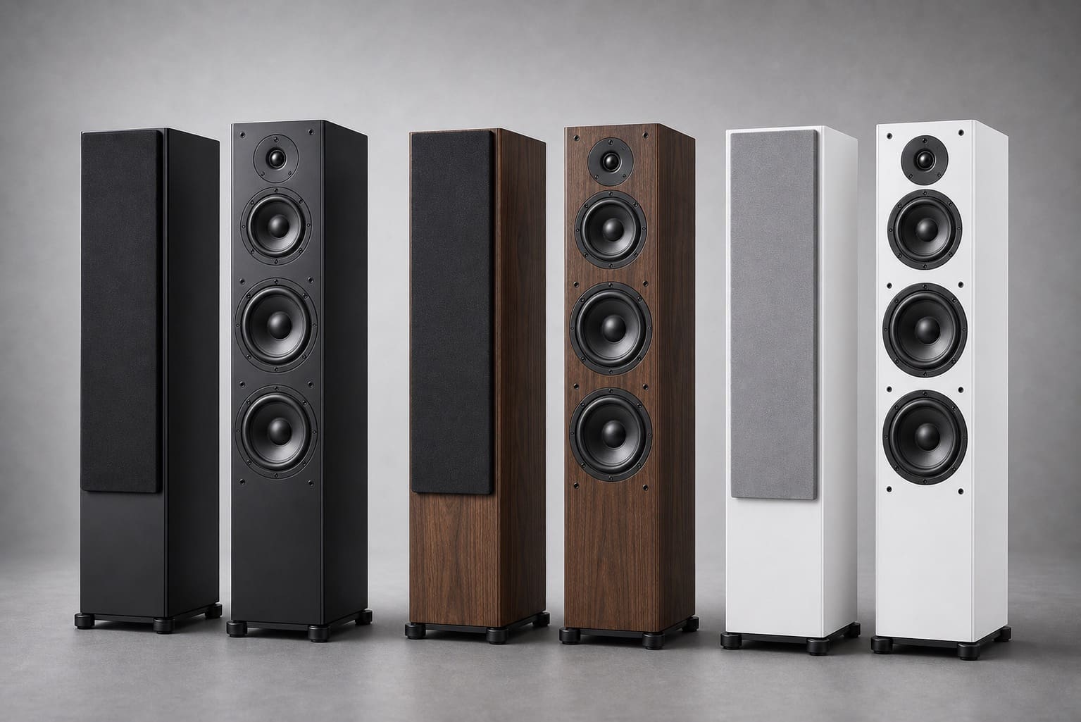 Unbranded tower speaker finish lineup in black, wood-look, and white