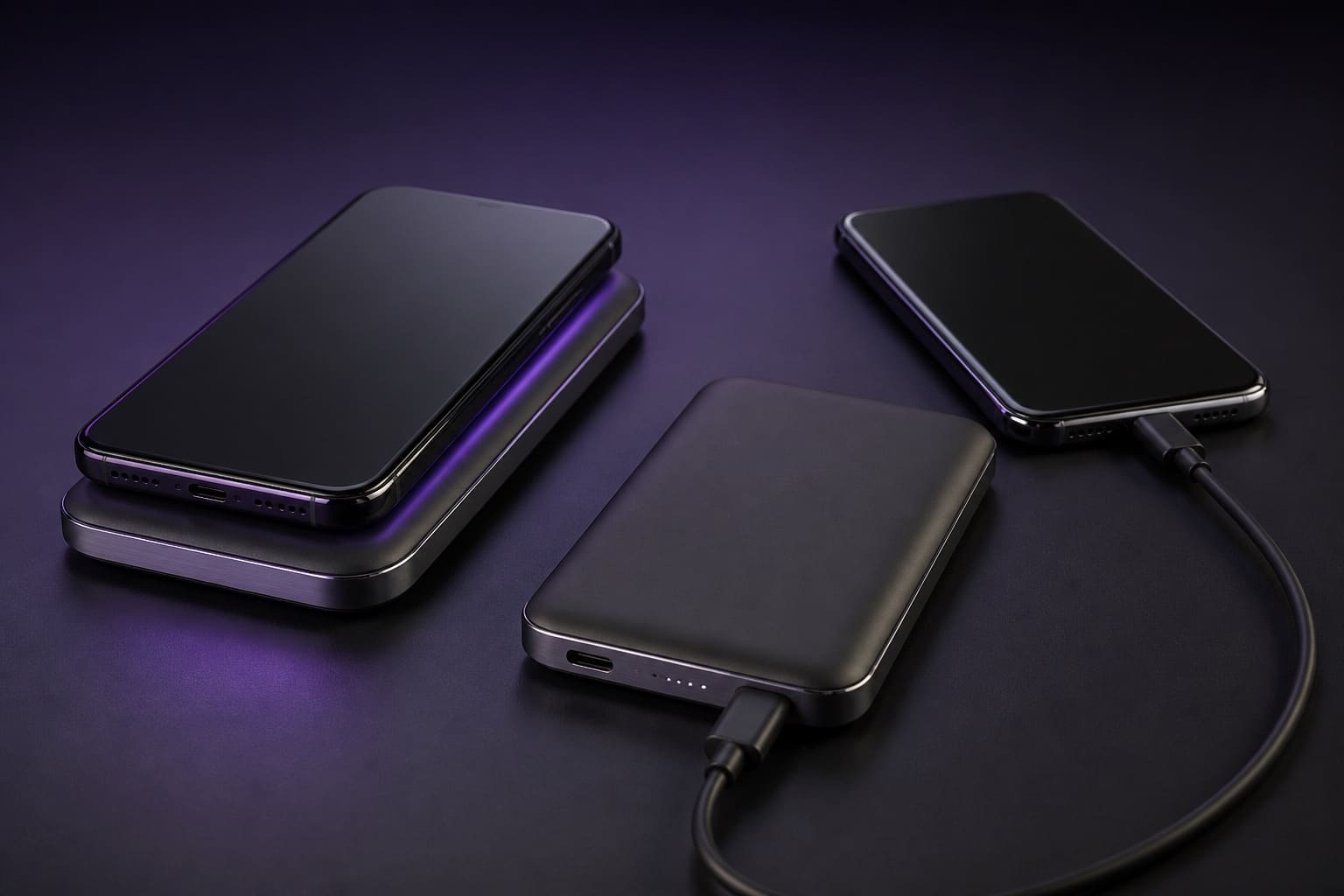 Unbranded power banks shown in wired and wireless charging use